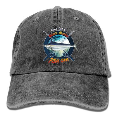 Adult Fishing Baseball Dad Hat Printed Black Marlin Fish Design