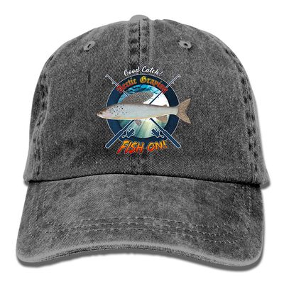 Adult Fishing Baseball Dad Hat Printed Arctic Graying Fish Design Black