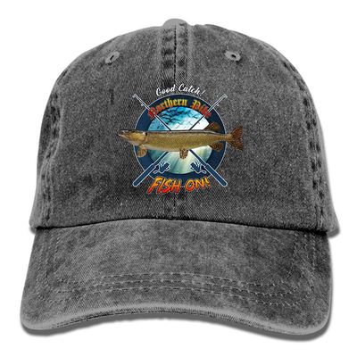 Adult Fishing Baseball Dad Hat Printed Northern Pike Fish Design Black