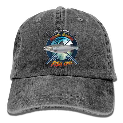Adult Fishing Baseball Dad Hat Printed Atlantic Salmon Fish Design Black