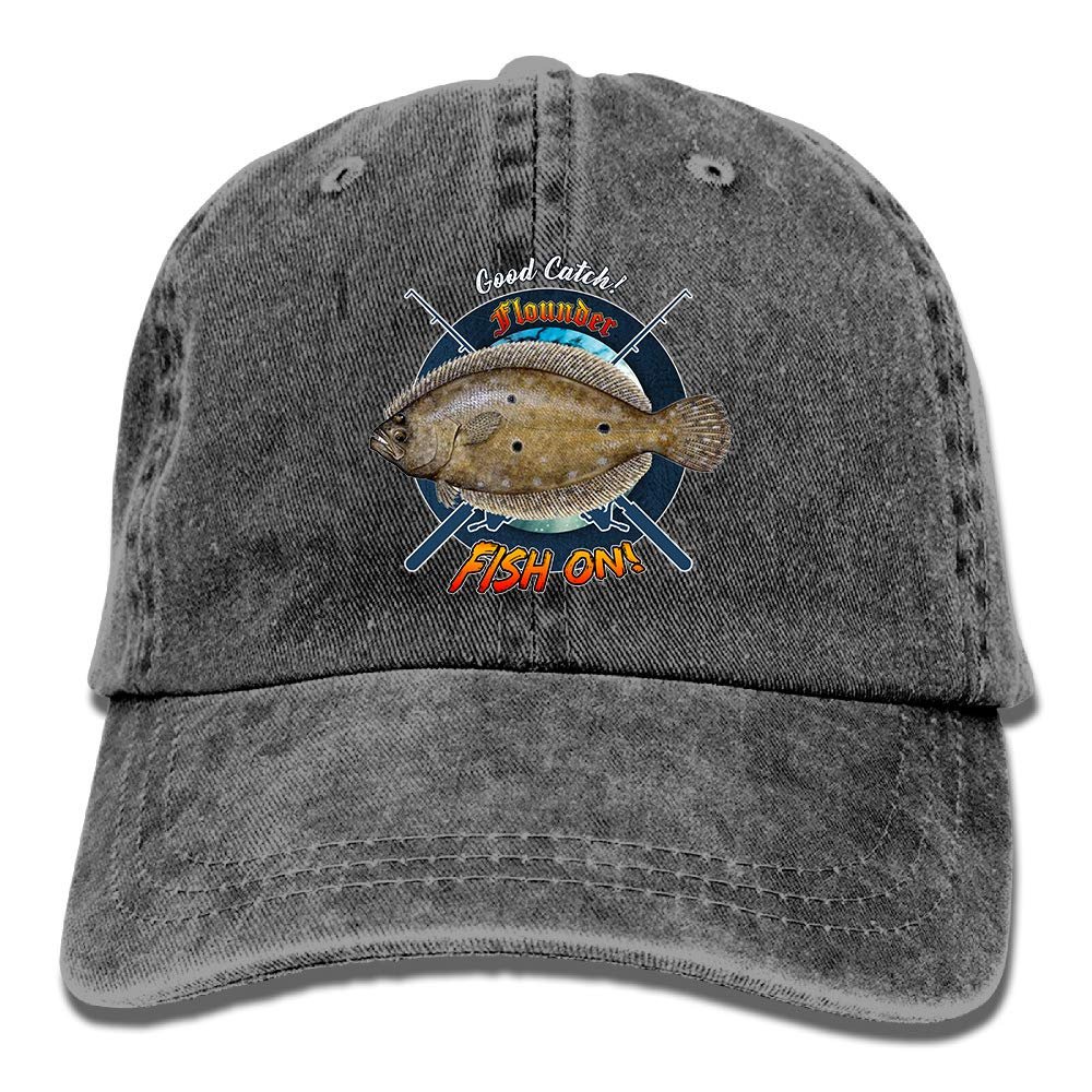 Adult Fishing Baseball Dad Hat Printed Flounder Fish Design Black