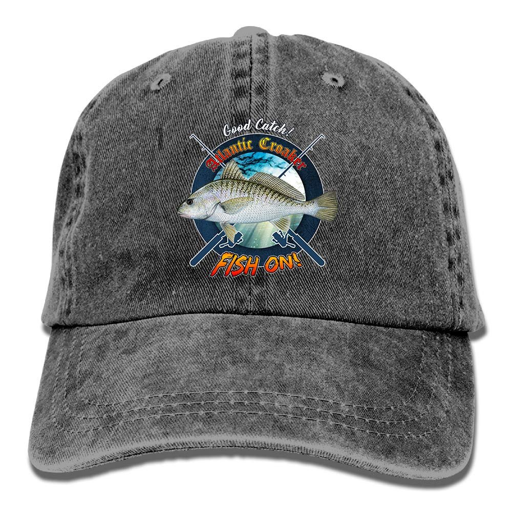 Adult Fishing Baseball Dad Hat Printed Atlantic Croaker Fish Design Black