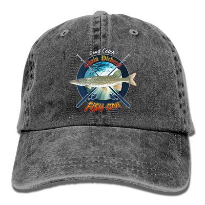 Adult Fishing Baseball Dad Hat Printed Chain Pickerel Fish Design Black