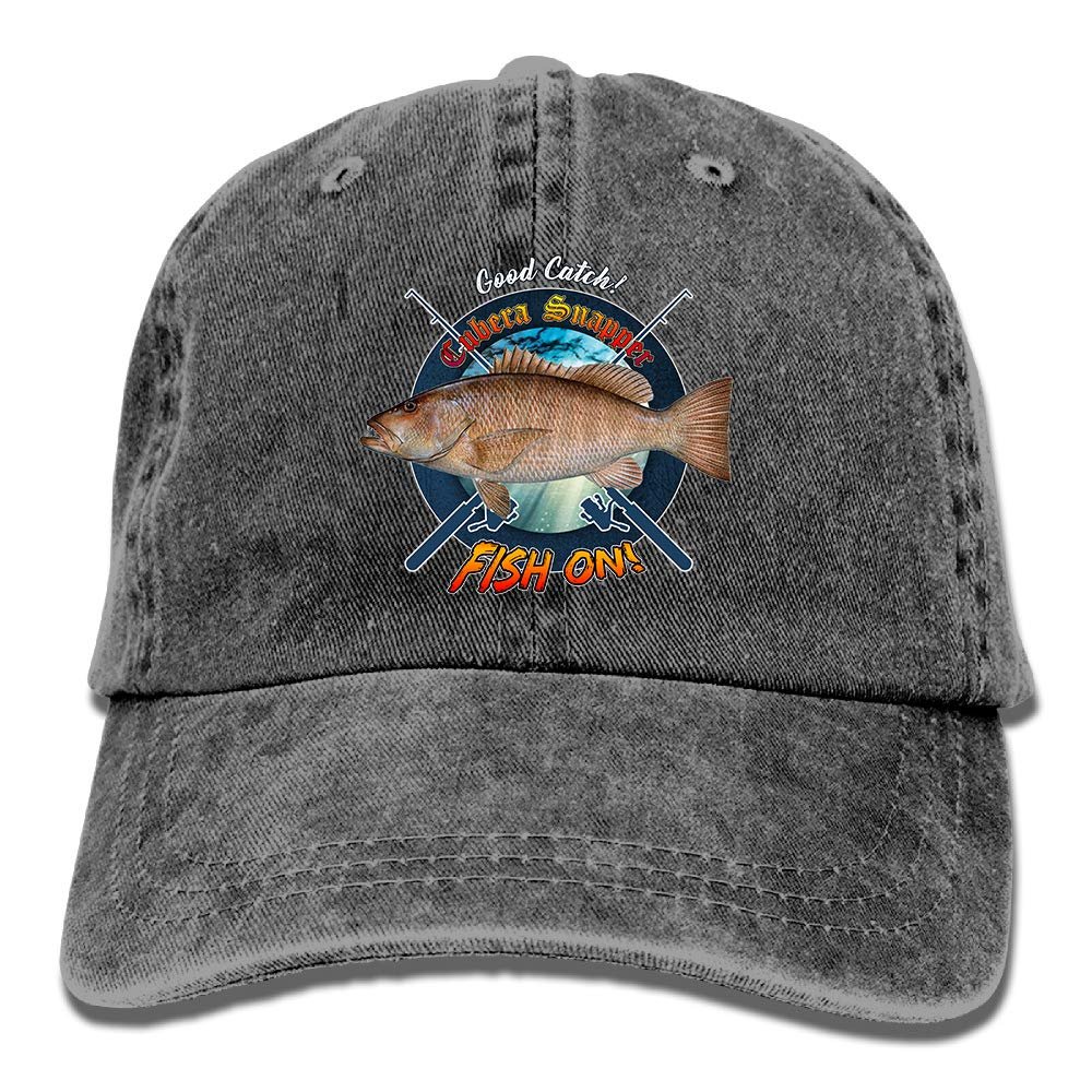 Adult Fishing Baseball Dad Hat Printed Cubera Snapper Fish Design Black