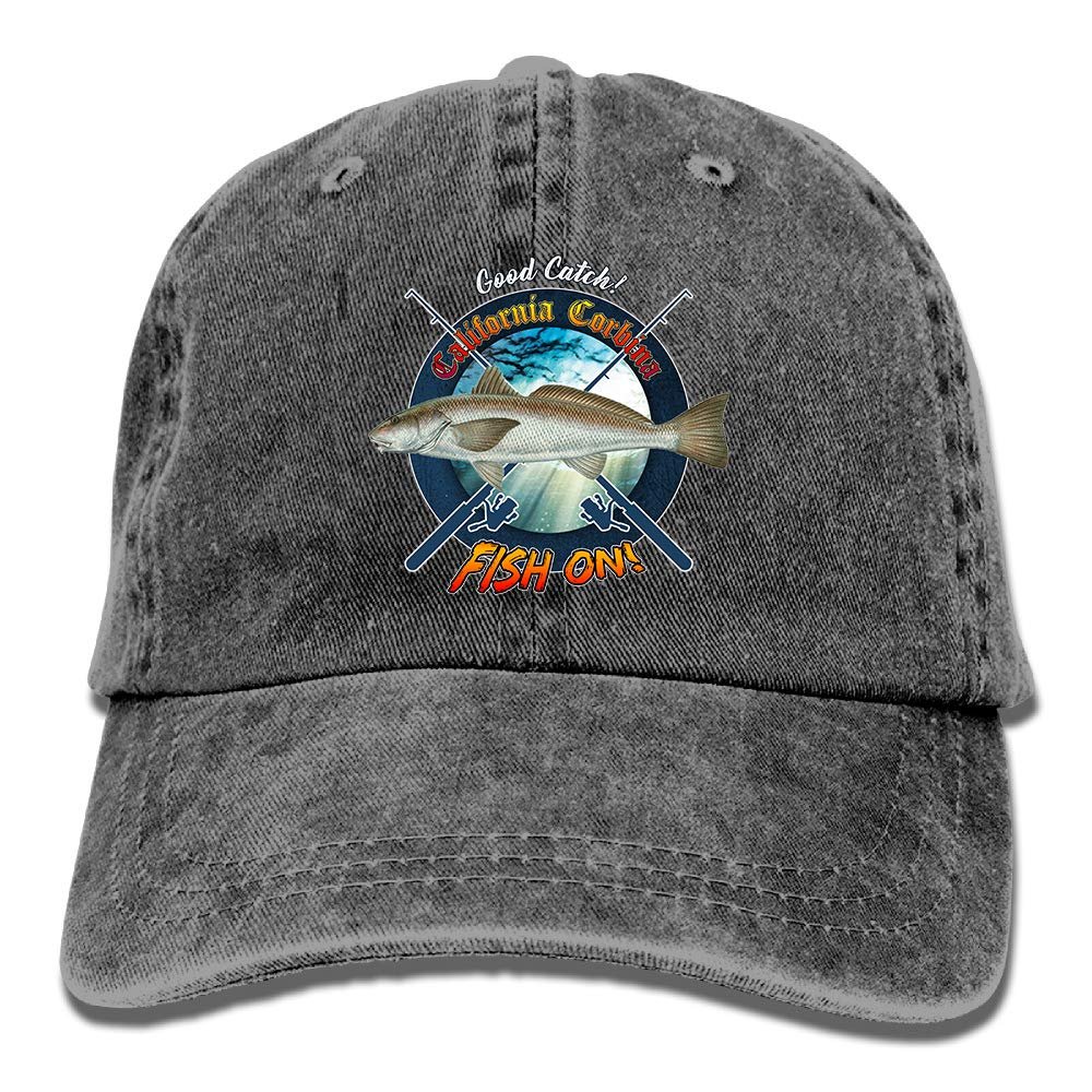 Adult Fishing Baseball Dad Hat Printed California Corbina Fish Design Black