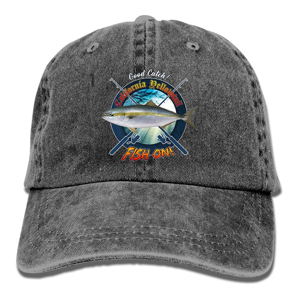 Adult Fishing Baseball Dad Hat Printed California Yellowtail Fish Design Black