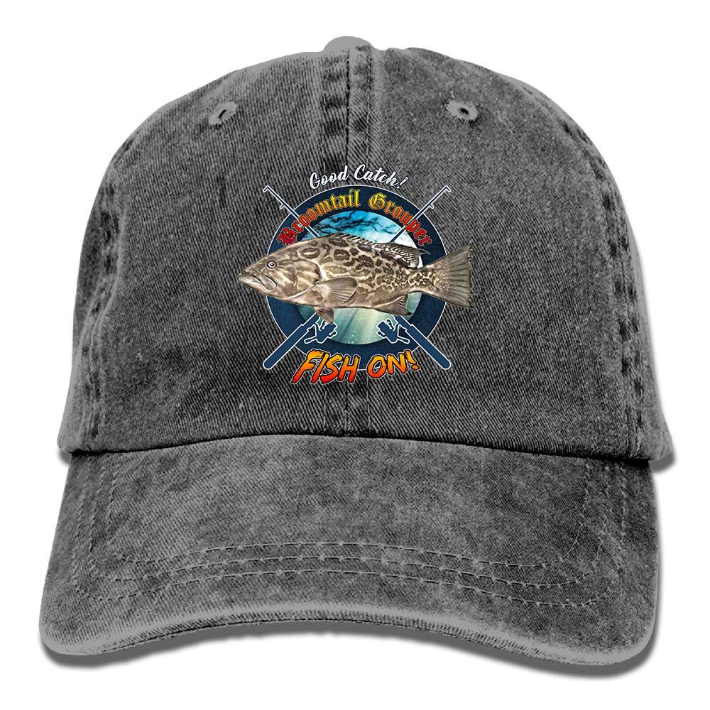 Adult Fishing Baseball Dad Hat Printed Broomtail Grouper Fish Design Black