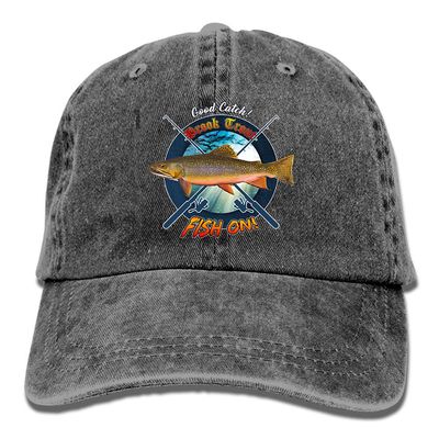Adult Fishing Baseball Dad Hat Printed Brook Trout Fish Design Black