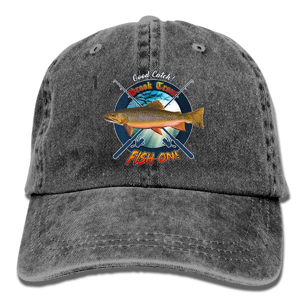 Adult Fishing Baseball Dad Hat Printed Brook Trout Fish Design Black