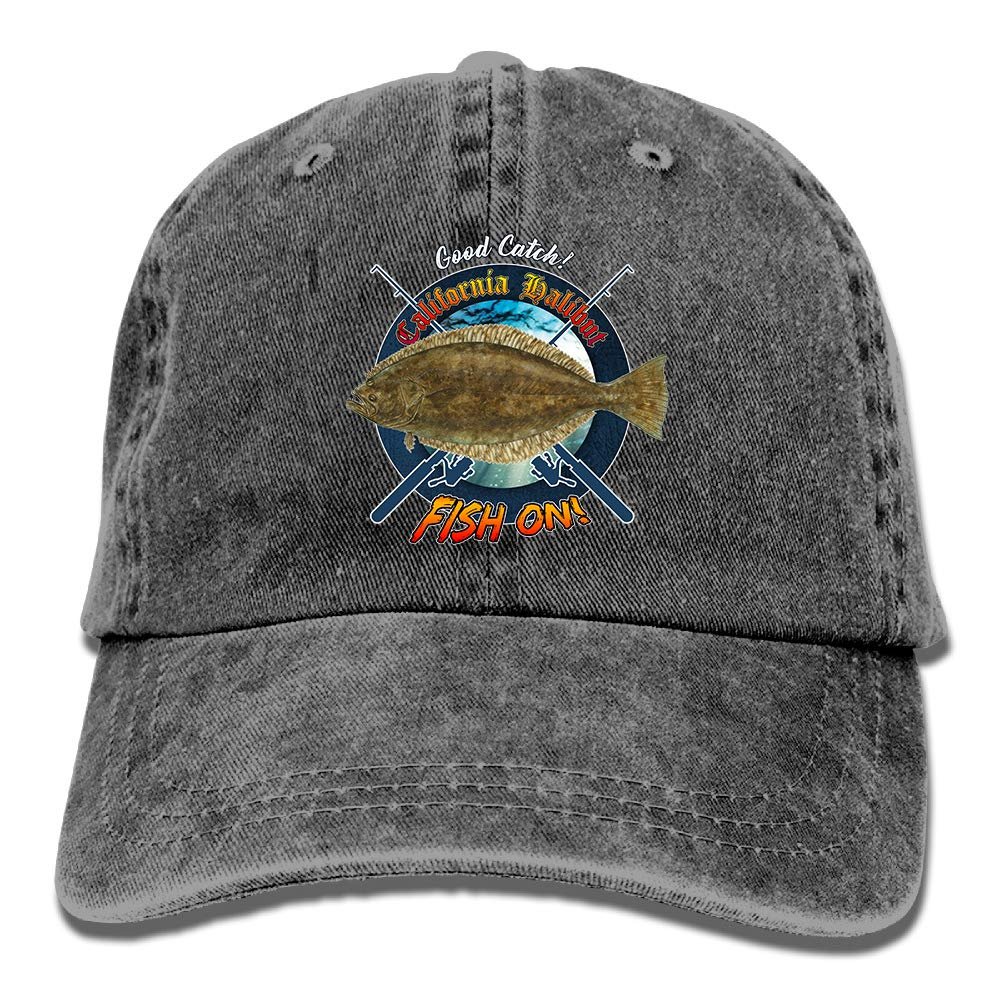 Adult Fishing Baseball Dad Hat Printed California Halibut Fish Design Black