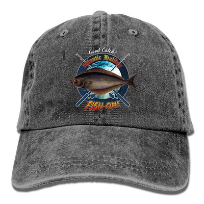 Adult Fishing Baseball Dad Hat Printed Atlantic Halibut Fish Design Black