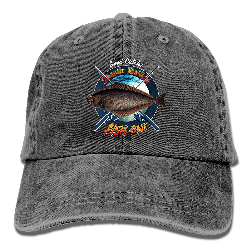 Adult Fishing Baseball Dad Hat Printed Atlantic Halibut Fish Design Black