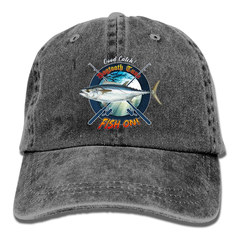 Adult Fishing Baseball Dad Hat Printed Dogtooth Tuna Fish Design Black