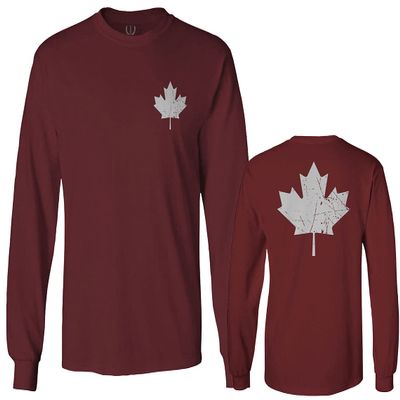 0085. Canadian Maple Leaf Flag Canada Pride Vintage Men's Long Sleeve t Shirt (Maroon Large)