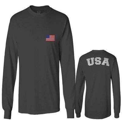 0088. Vintage American Flag United States USA Fonts Graphic 4th of July Memorial Military Patriotic Style Men's Long Sleeve t Shirt (Characol, X-Large)