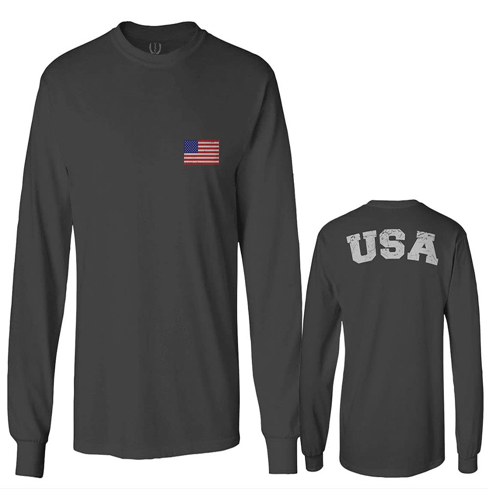 0088. Vintage American Flag United States USA Fonts Graphic 4th of July Memorial Military Patriotic Style Men's Long Sleeve t Shirt (Characol, X-Large)