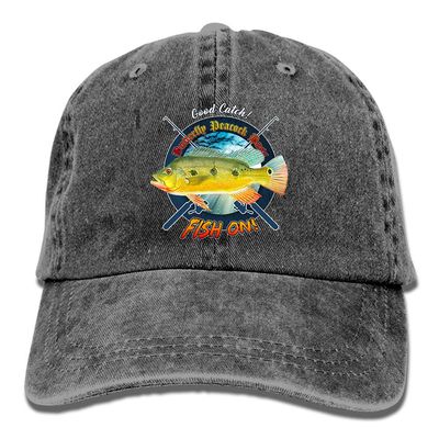 Adult Fishing Baseball Dad Hat Printed Butterfly Peacock Bass Fish Design Black
