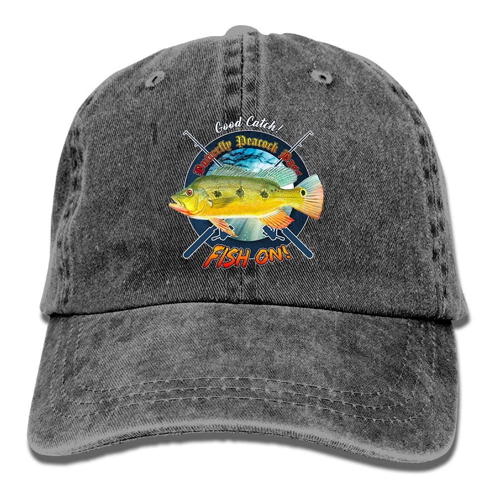 Adult Fishing Baseball Dad Hat Printed Butterfly Peacock Bass Fish Design Black