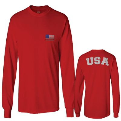 0088. Vintage American Flag United States USA Fonts Graphic 4th of July Memorial Military Patriotic Style Men's Long Sleeve t Shirt (Red, X-Large)