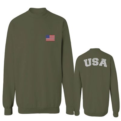 0088. Vintage American Flag United States USA Fonts Graphic 4th of July Memorial Military Patriotic Style Men's Crewneck Sweatshirt (Olive Large)