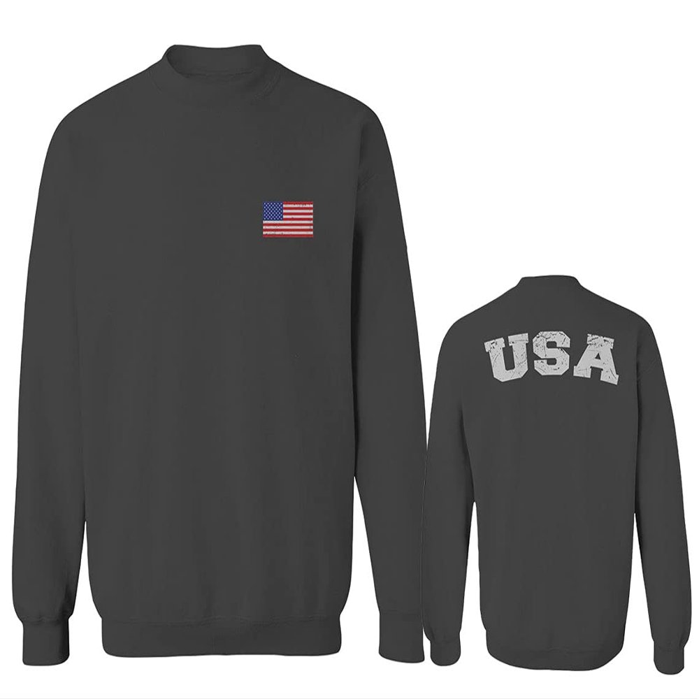 0088. Vintage American Flag United States USA Fonts Graphic 4th of July Memorial Military Patriotic Style Men's Crewneck Sweatshirt (Characol Small) Charcoal