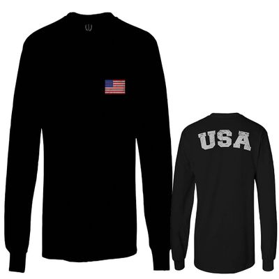 0088. Vintage American Flag United States USA Fonts Graphic 4th of July Memorial Military Patriotic Style Men's Long Sleeve t Shirt (Black, 2X Large)