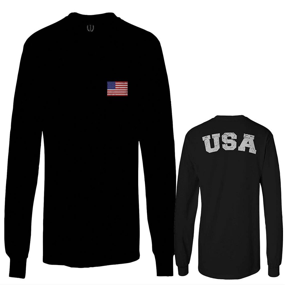 0088. Vintage American Flag United States USA Fonts Graphic 4th of July Memorial Military Patriotic Style Men's Long Sleeve t Shirt (Black, 2X Large)