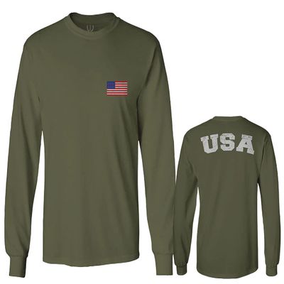 0088. Vintage American Flag United States USA Fonts Graphic 4th of July Memorial Military Patriotic Style Men's Long Sleeve t Shirt (Olive, Medium)