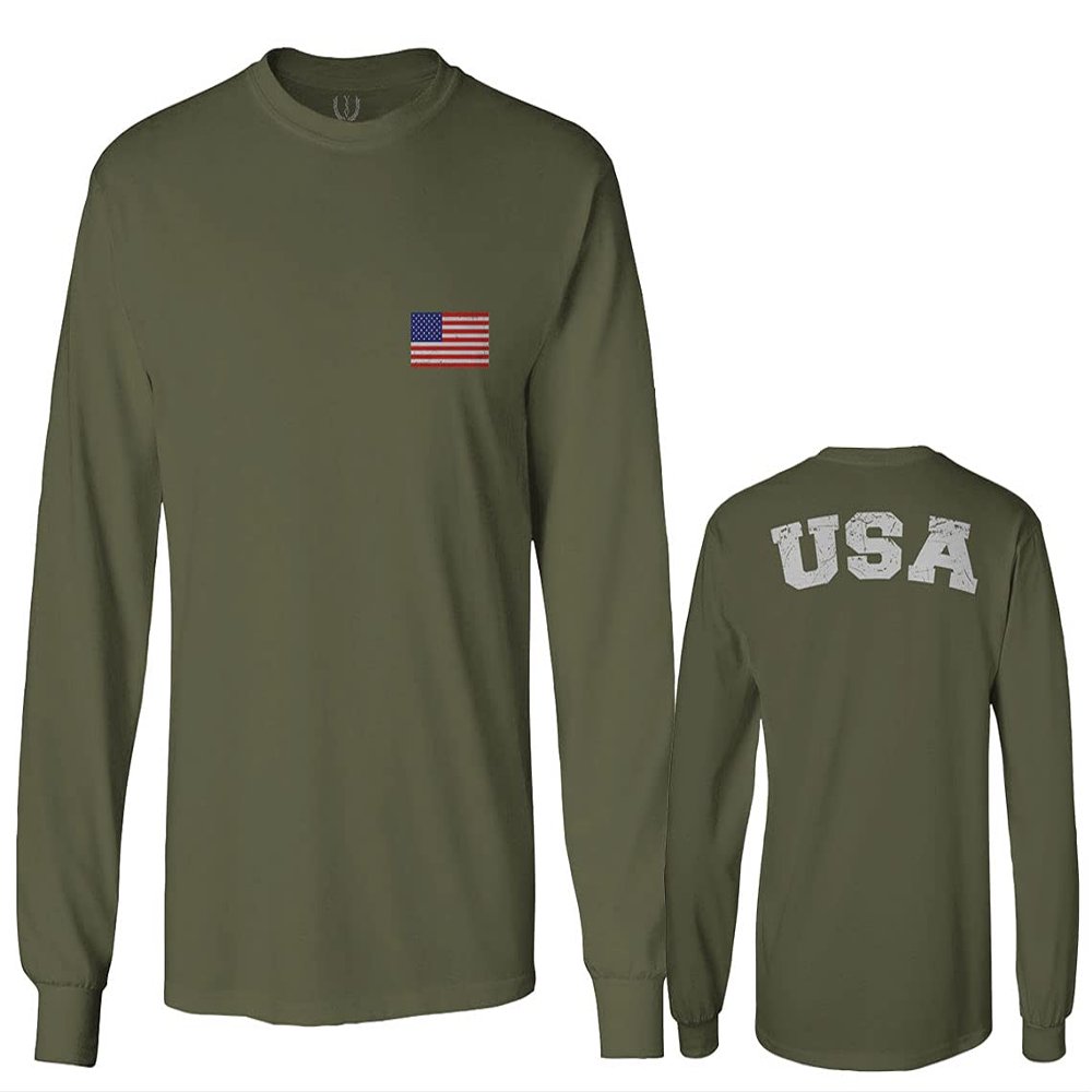0088. Vintage American Flag United States USA Fonts Graphic 4th of July Memorial Military Patriotic Style Men's Long Sleeve t Shirt (Olive, Medium)