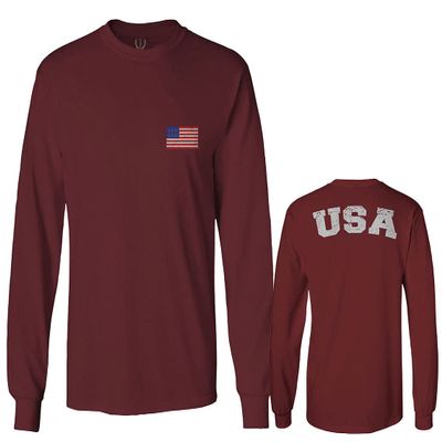 0088. Vintage American Flag United States USA Fonts Graphic 4th of July Memorial Military Patriotic Style Men's Long Sleeve t Shirt (Maroon Medium)