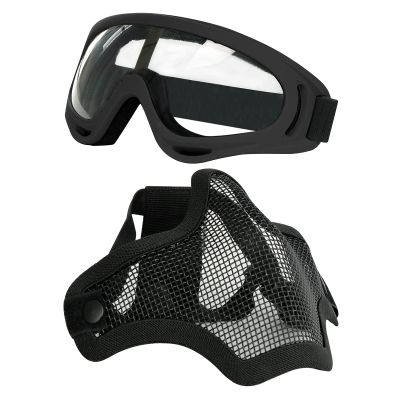 Aoutacc Airsoft Half Face Mask Steel Mesh and Goggles Set, Tactical Masks Protection Gear for Paintball BBS CS Nerf Game Cosplay Halloween Costume Accessories (Black)