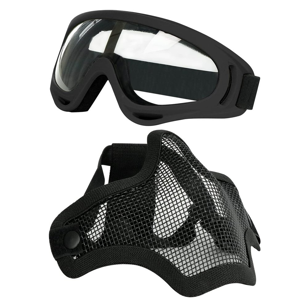 Aoutacc Airsoft Half Face Mask Steel Mesh and Goggles Set, Tactical Masks Protection Gear for Paintball BBS CS Nerf Game Cosplay Halloween Costume Accessories (Black)