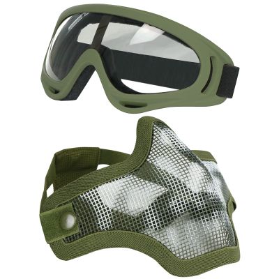 Aoutacc Airsoft Half Face Mask Steel Mesh and Goggles Set, Tactical Masks Protection Gear for Paintball BBS CS Nerf Game Cosplay Halloween Costume Accessories (ArmyGreen)