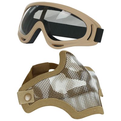 Aoutacc Airsoft Half Face Mask Steel Mesh and Goggles Set,Tactical Masks Protection Gear for Paintball BBS CS Nerf Game Cosplay Halloween Costume Accessories (Tan with Pattern)