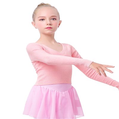 Daydance Pink Girl's Ballet Sweater Cropped Pullover V-Neck Dance Tops Warm Up for Leotards, Long Sleeve