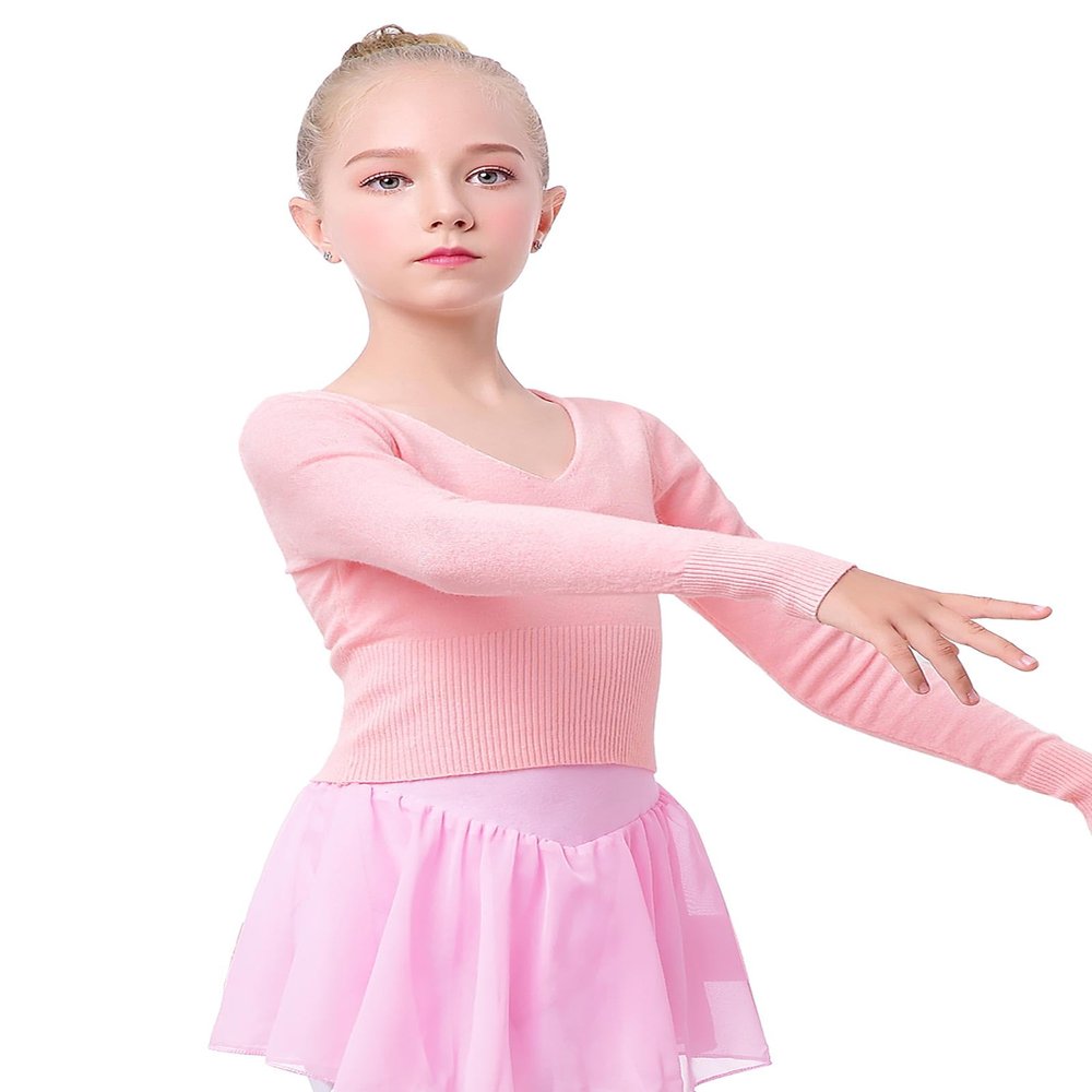 Daydance Pink Girl's Ballet Sweater Cropped Pullover V-Neck Dance Tops Warm Up for Leotards, Long Sleeve