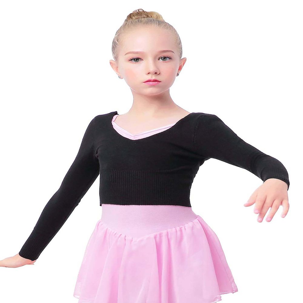 Daydance Black Girl's Ballet Sweater Cropped Pullover V-Neck Dance Tops Warm Up for Leotards, Long Sleeve