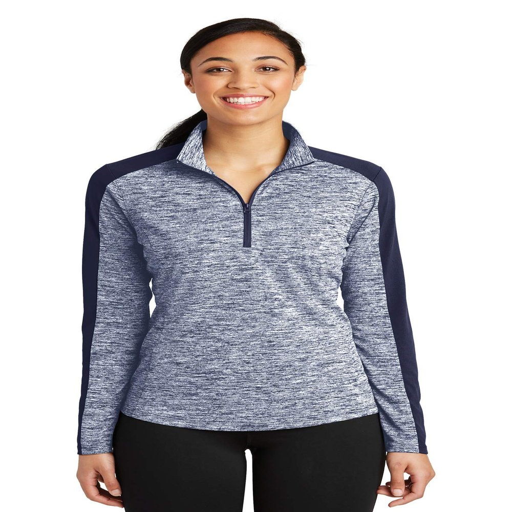 SPORT-TEK Women's PosiCharge Electric Heather Colorblock Quarter Zip Pullover, True Navy Electric/True Navy, X-Large