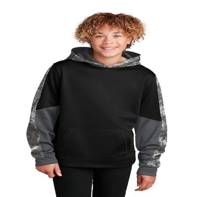 SPORT-TEK Youth Sport-Wick Mineral Freeze Fleece Colorblock Hooded Pullover, Black/Black, X-Small