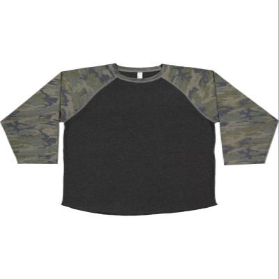 LAT Youth Jersey Crew Neck Raglan 3/4 Sleeve Baseball Tee, Vintage Smoke/Vintage Camo, Small