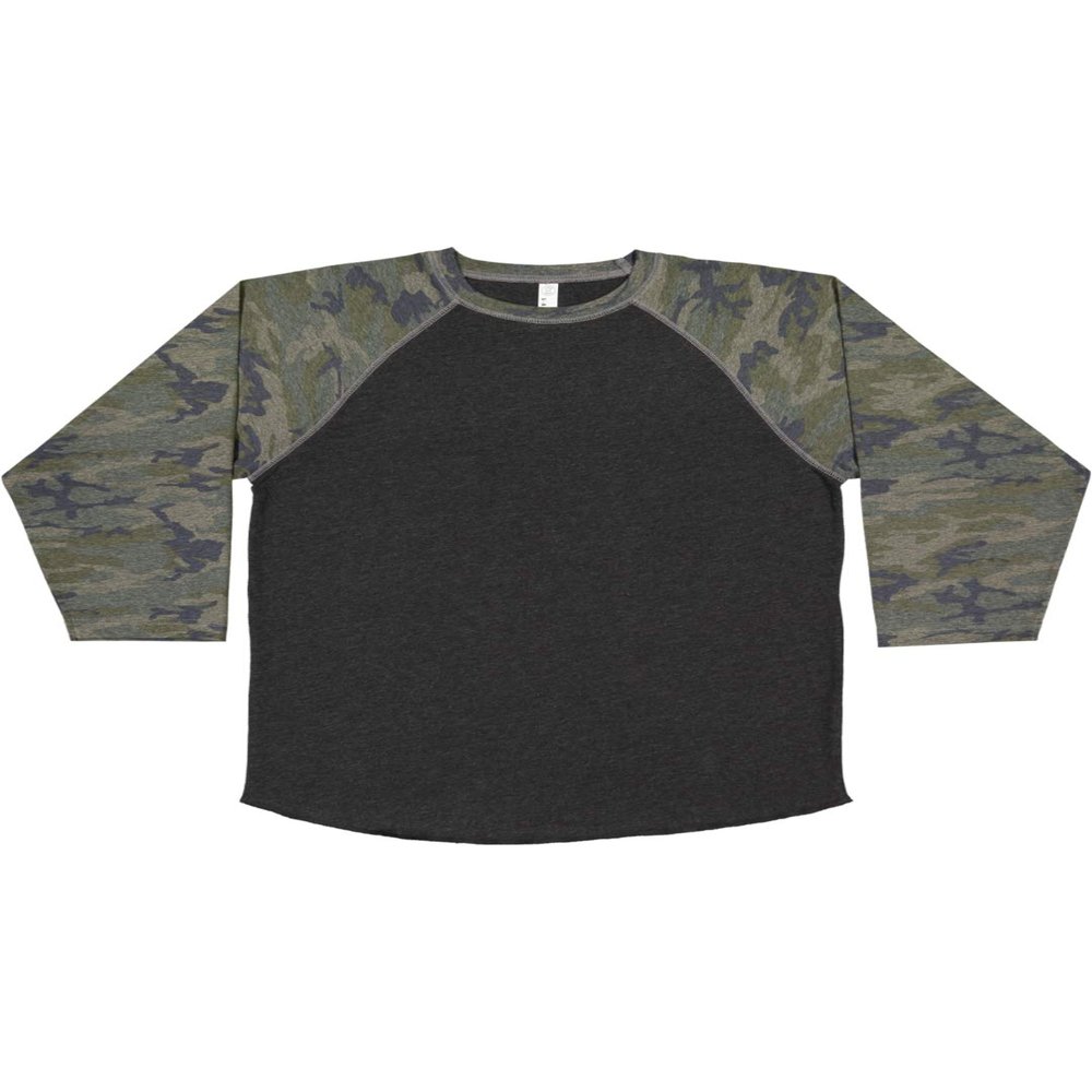 LAT Youth Jersey Crew Neck Raglan 3/4 Sleeve Baseball Tee, Vintage Smoke/Vintage Camo, Small