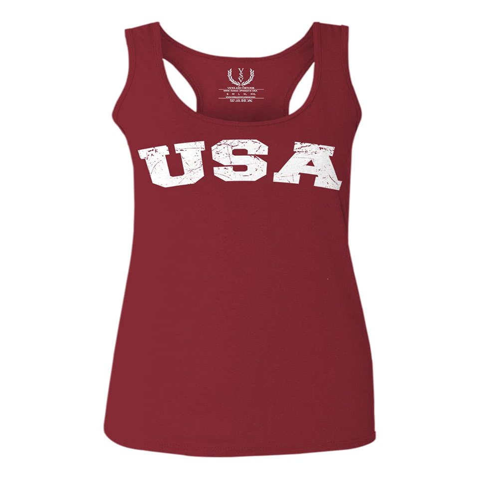 0089. Vintage Graphic USA Fonts American United States of America Military Patriotic Style Women's Tank Top Racerback (Maroon, Large)