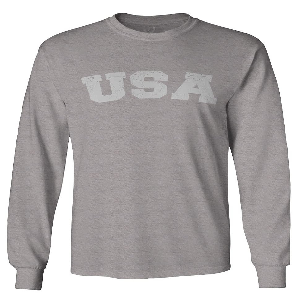 0089. Vintage Graphic USA Fonts American United States of America Military Patriotic Style Men's Long Sleeve t Shirt (Light Gray Small)