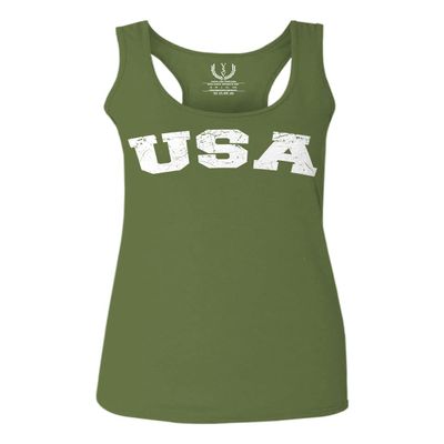 0089. Vintage Graphic USA Fonts American United States of America Military Patriotic Style Women's Tank Top Racerback (Olive, Large)