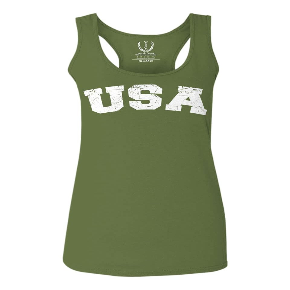 0089. Vintage Graphic USA Fonts American United States of America Military Patriotic Style Women's Tank Top Racerback (Olive, Large)