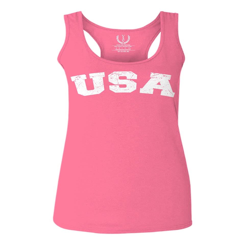 0089. Vintage Graphic USA Fonts American United States of America Military Patriotic Style Women's Tank Top Racerback (Pink Small)