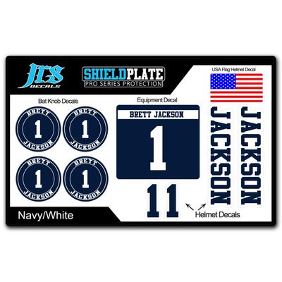JRS Decals Baseball Softball Player Bat Knob and Helmet Decal Kit - Complete ID Set with Name and Numbers (Navy Blue)