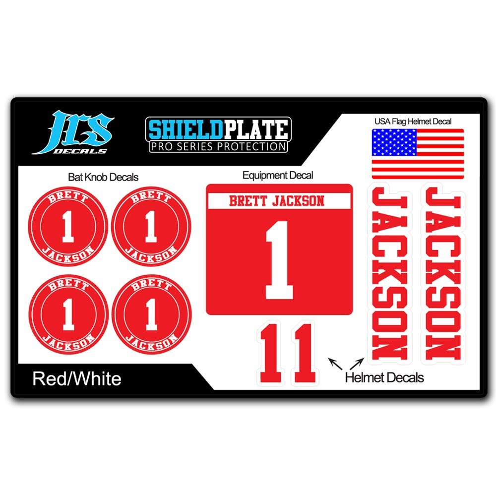 JRS Decals Baseball Softball Player Bat Knob and Helmet Decal Kit - Complete ID Set with Name and Numbers (Red)