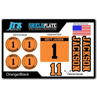 JRS Decals Baseball Softball Player Bat Knob and Helmet Decal Kit - Complete ID Set with Name and Numbers (Orange)