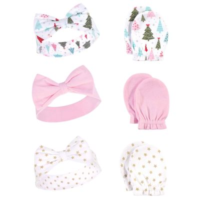 Hudson Baby Unisex Baby Cotton Headband and Scratch Mitten Set, Sparkle Trees, 0-6 Months